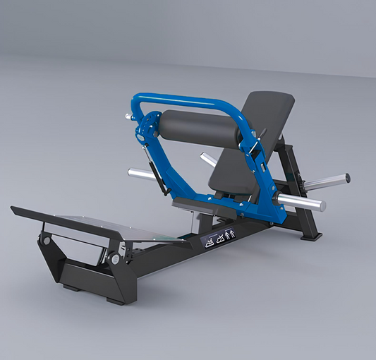 Blue and black Hip thrust gym machine on a gray background
