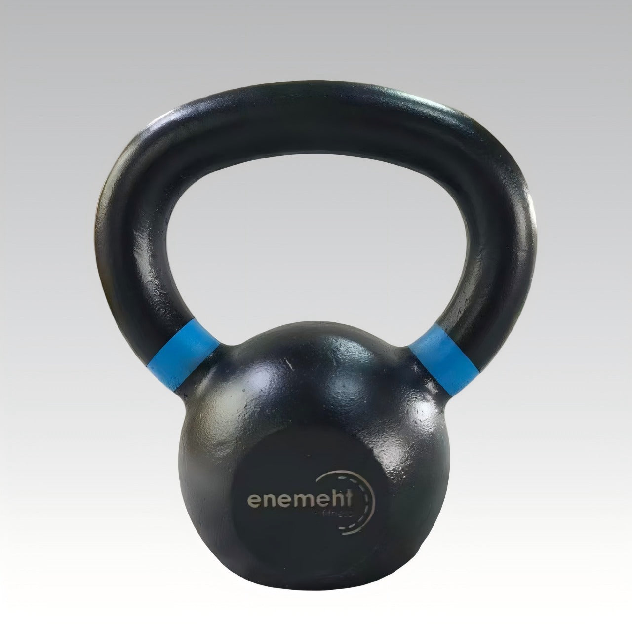 Black kettlebell with blue bands on a white background